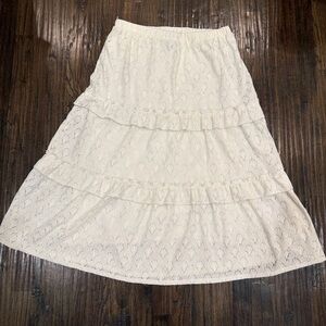 Cream Tiered Lace Midi Skirt with Elastic Waist
